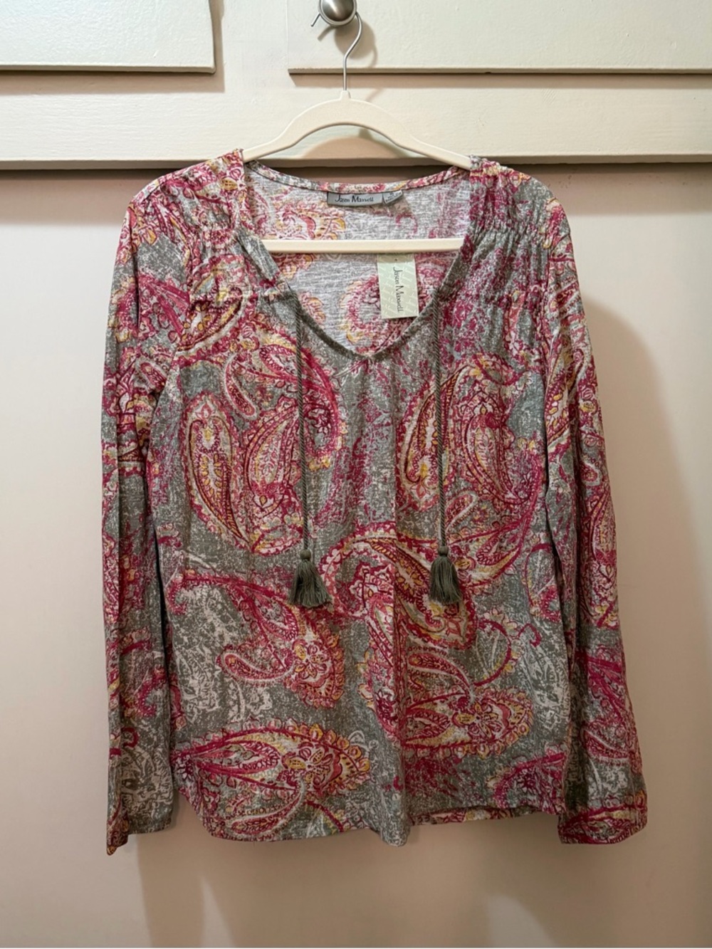 Jason Maxwell Boho Paisley Blouse XL NWT Pink Gray Tassel Tie Neck Tunic Top